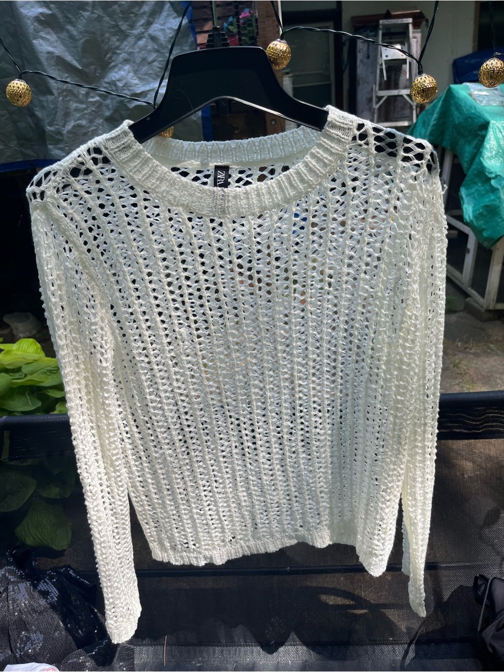 Zara Open-Knit Cream Crewneck Sweater